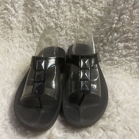 Fitflop black synthetic Black patent Studded wedge Sandals SZ11 - Picture 4 of 9